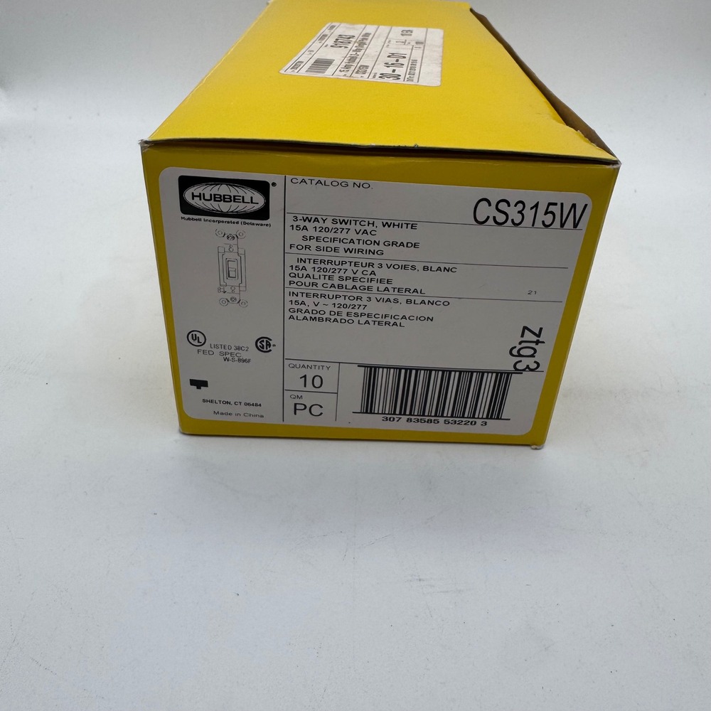 Hubbell CS315W 3-Way‎ Switch White 15A 120/277V Spec Grade Side Wire 10 Pack